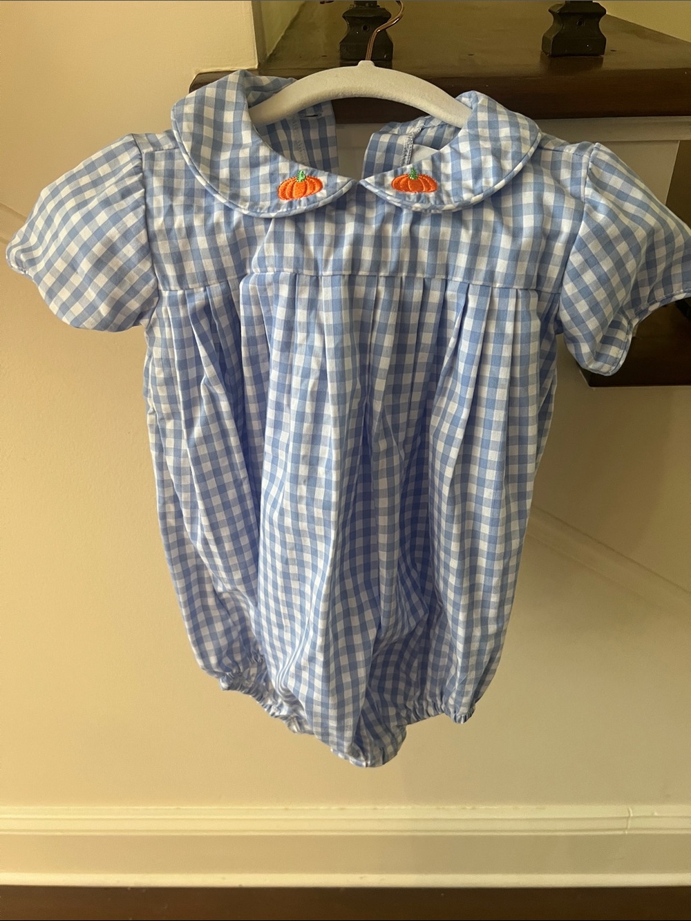James & Lottie Light Blue Gingham Smockes Pumpkin Boy Bubble Romper